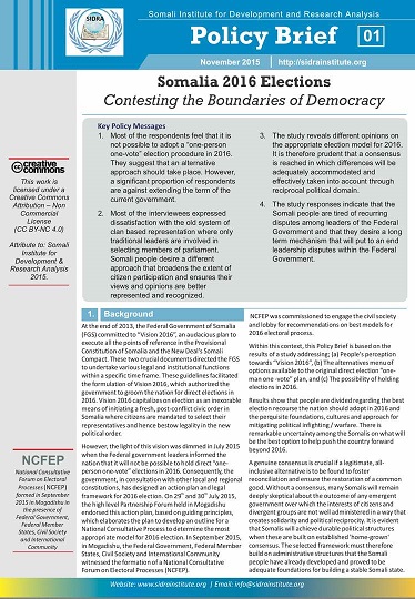 Policy Brief: Somalia 2016 Elections: Contesting the Boundaries of Democracy