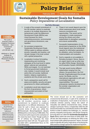 Policy Brief: Sustainable Development Goals for Somalia: Policy Imperatives of Localization